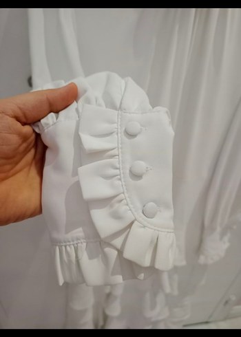 Aker Uzun Beyaz Volanlı Kadın Elbise - Görsel 4