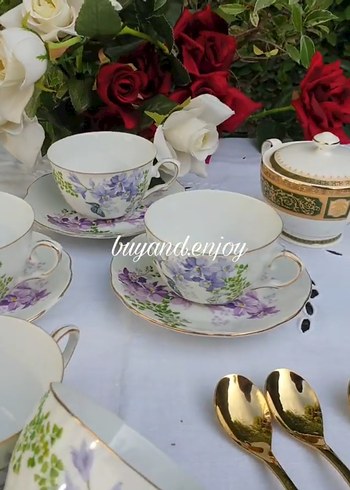 Pastel Mor Kelebekli Porselen Fincan Takımı - Görsel 7