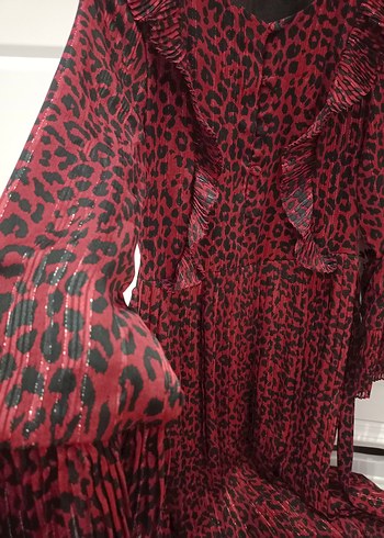 Seçil Bordo Uzun Kollu Pilili Kadın Elbise - Görsel 3