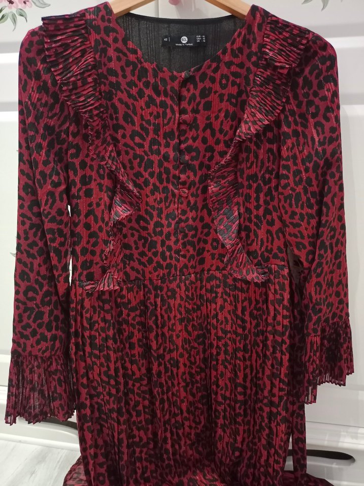 Seçil Bordo Uzun Kollu Pilili Kadın Elbise - Görsel 2