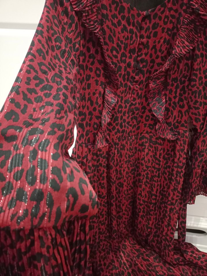 Seçil Bordo Uzun Kollu Pilili Kadın Elbise - Görsel 3