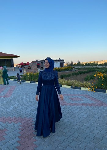 Lacivert Uzun Kollu Drapeli Abiye Elbise - Görsel 2