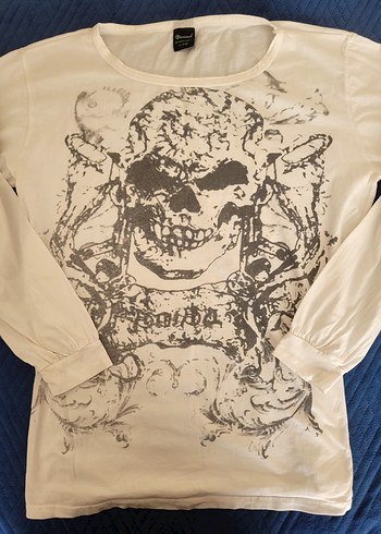 Beyaz Omzu Açık Skull Pattern Uzun Kollu Sweatshirt