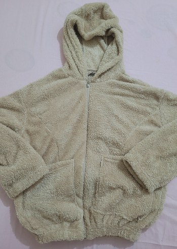 Bej Kapüşonlu Peluş Ceket