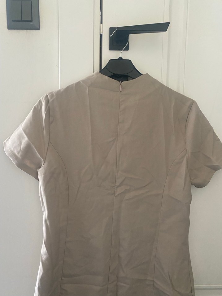 Bej Keten Kadın Tişört, Kısa Kollu, Normal Boy - Görsel 3