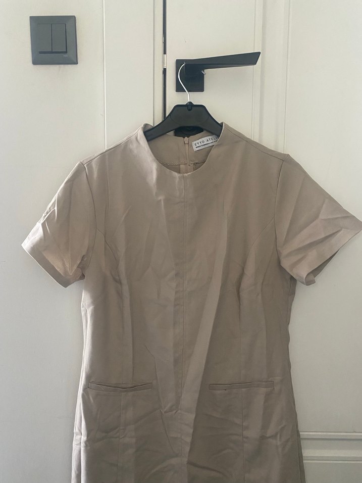 Bej Keten Kadın Tişört, Kısa Kollu, Normal Boy - Görsel 2