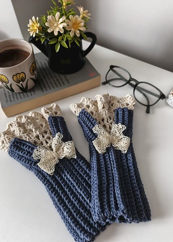 Bohem Mavi Örgü Kadın Eldiven - Görsel 4