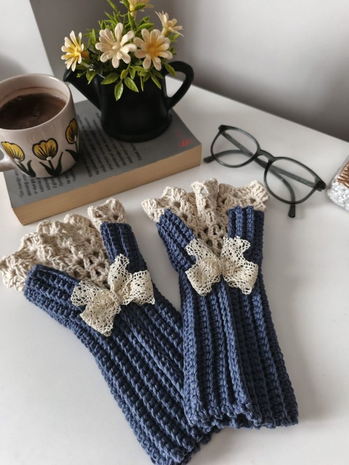 Bohem Mavi Örgü Kadın Eldiven - Görsel 4