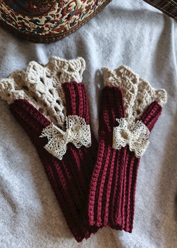 Bordo Örgü Kadın Eldivenler - Görsel 4