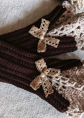 Dantel Detaylı Kahverengi Örgü Eldiven - Görsel 2