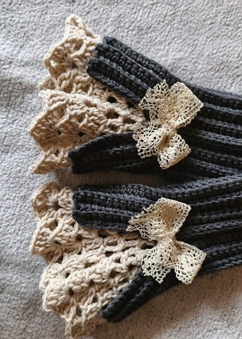 Gri Örgü Kadın Eldiveni Dantel Detaylı - Görsel 3