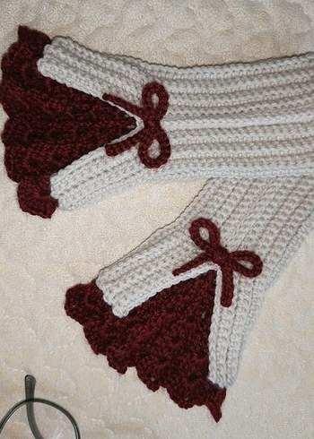 Bordo Detaylı Krem Örgü Kadın Eldiveni - Görsel 5