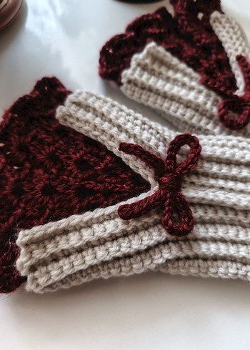 Bordo Detaylı Krem Örgü Kadın Eldiveni - Görsel 4