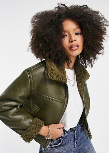 Bershka Yağ yeşili Kürklü Deri Kadın Ceket