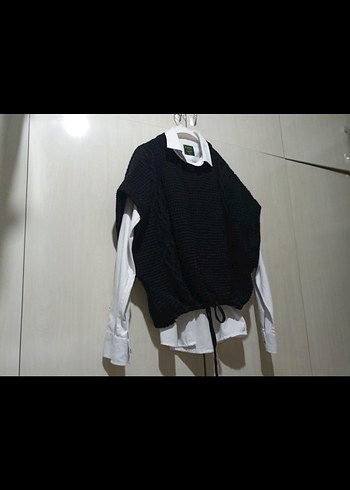 universal Beden Siyah Kemerli Kısa Triko Sweatshirt
