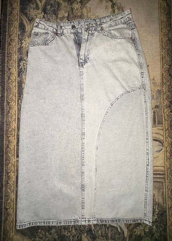 Gri Midi Denim Yırtmaçlı Uzun Etek