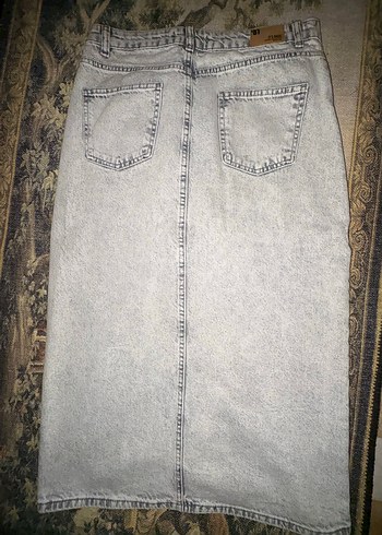 Bershka Gri Midi Denim Yırtmaçlı Uzun Etek