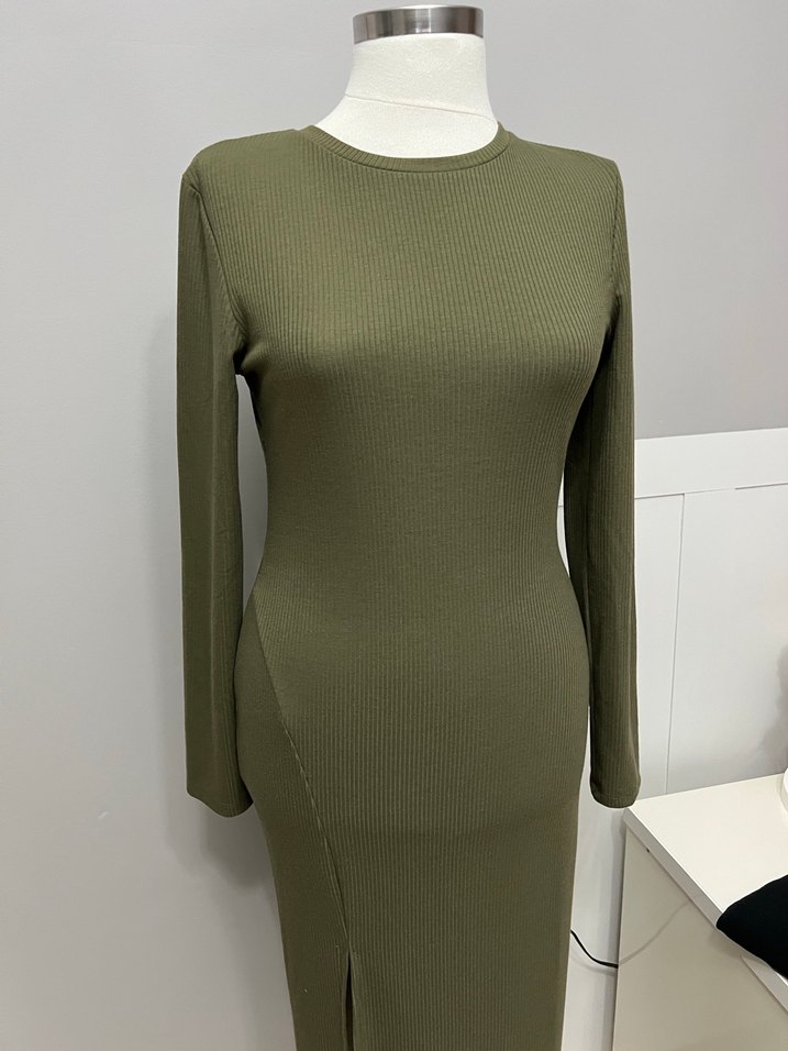 Kadın Haki Uzun Kollu Uzun Elbise - Görsel 3