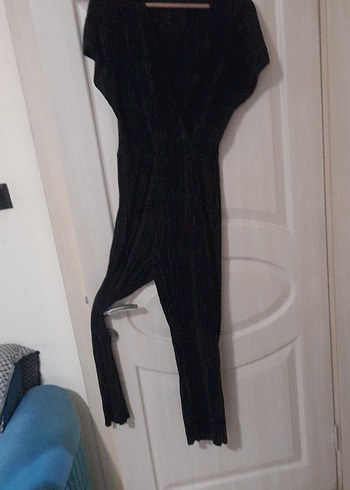 Siyah kruvaze Yaka Uzun Kadın Tulum - Görsel 2