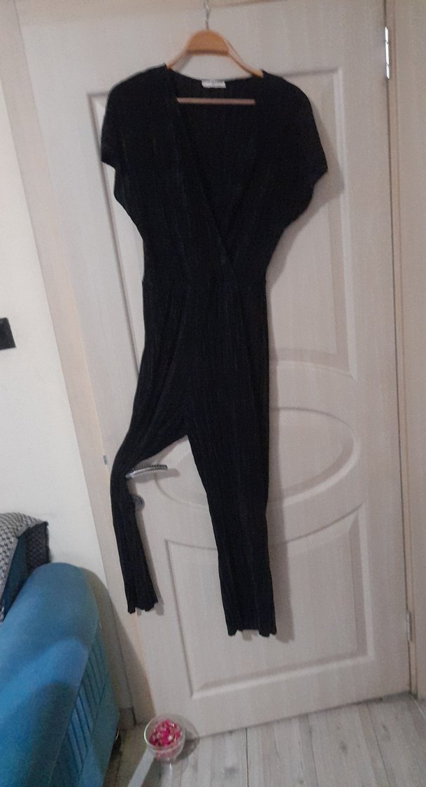 Siyah kruvaze Yaka Uzun Kadın Tulum - Görsel 2