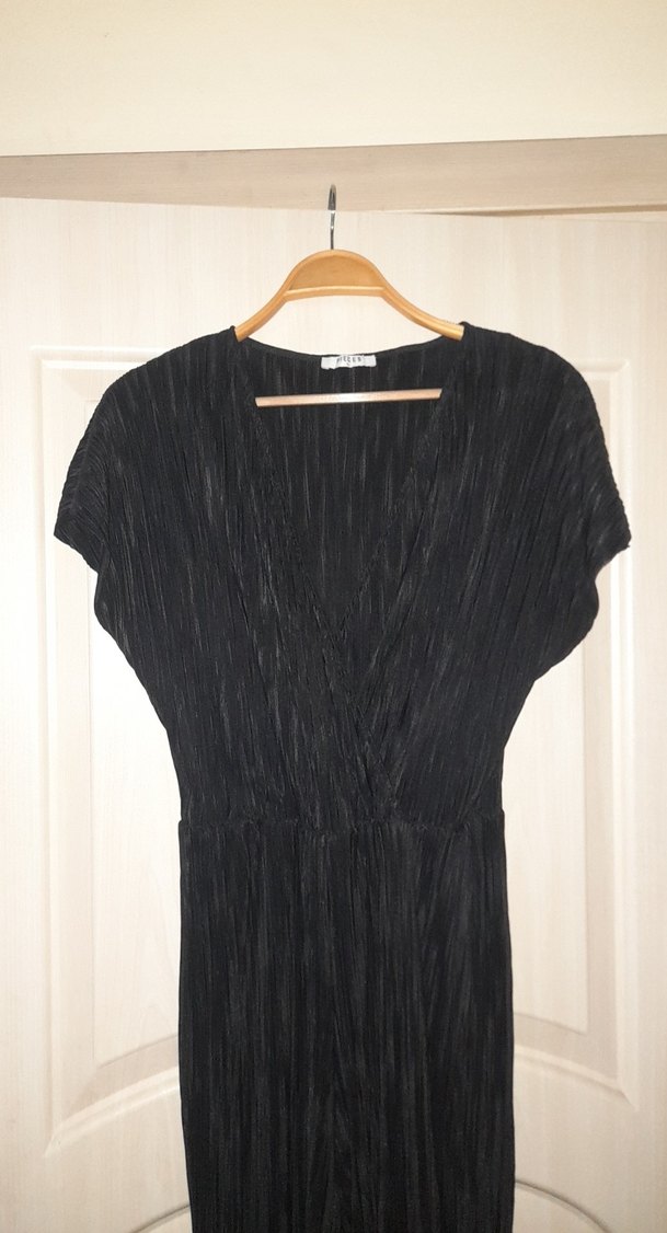 Siyah kruvaze Yaka Uzun Kadın Tulum - Görsel 4