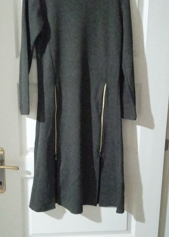 Gri Uzun Kollu Fermuarlı Kadın Triko elbise - Görsel 5