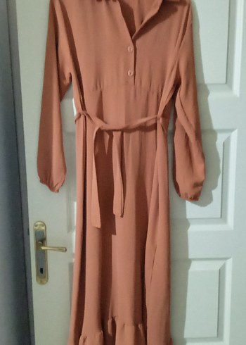 Bej Keten Bohem Uzun Kollu Kemerli Elbise - Görsel 2