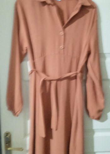 Bej Keten Bohem Uzun Kollu Kemerli Elbise - Görsel 4