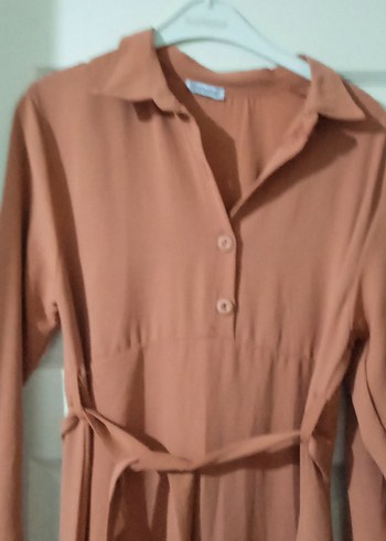 Bej Keten Bohem Uzun Kollu Kemerli Elbise - Görsel 3