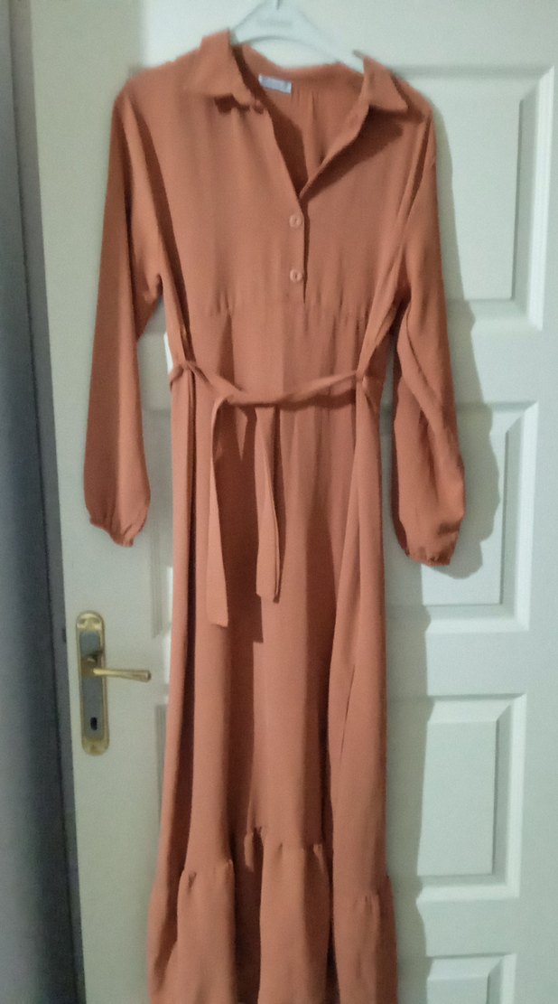 Bej Keten Bohem Uzun Kollu Kemerli Elbise - Görsel 2