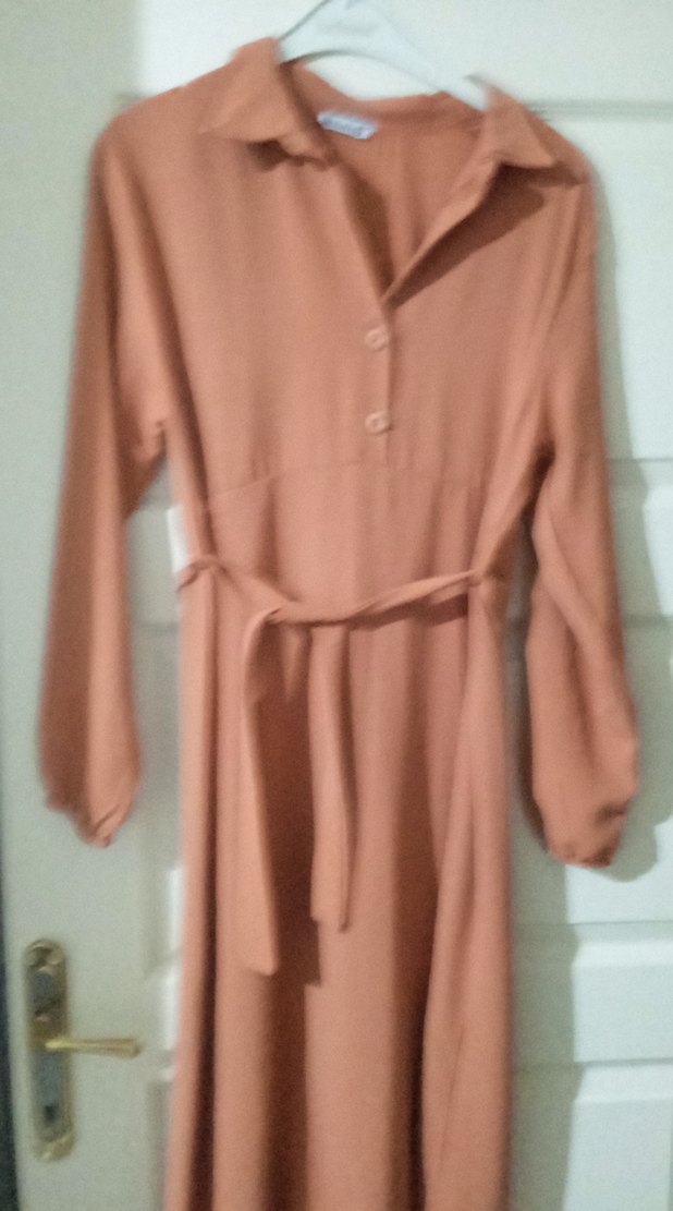 Bej Keten Bohem Uzun Kollu Kemerli Elbise - Görsel 4