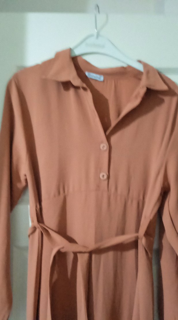 Bej Keten Bohem Uzun Kollu Kemerli Elbise - Görsel 3