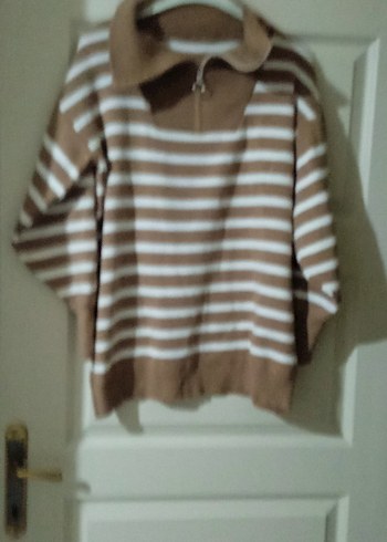 Bej Çizgili Kadın Triko Sweatshirt - Görsel 3