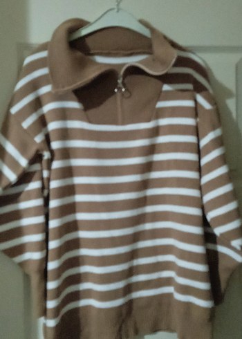 Bej Çizgili Kadın Triko Sweatshirt - Görsel 2