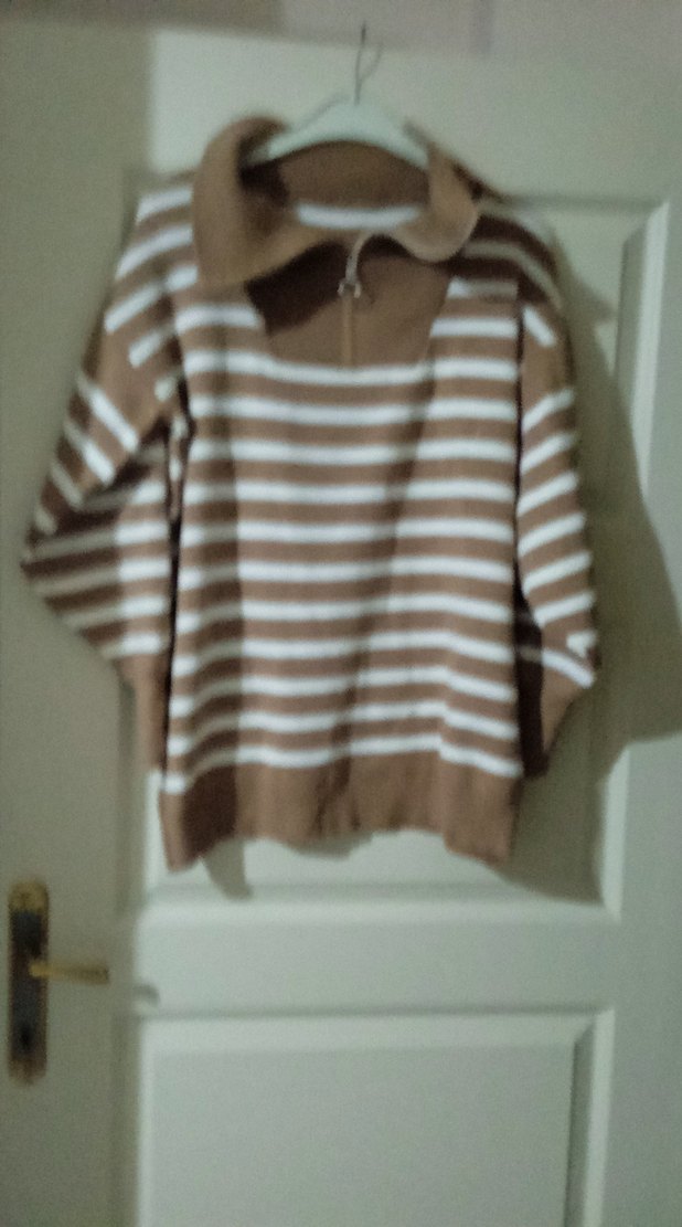 Bej Çizgili Kadın Triko Sweatshirt - Görsel 3