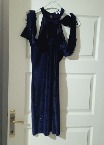 Koyu Mavi Drapeli Uzun Gotik Abiye - Görsel 2