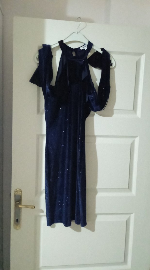 Koyu Mavi Drapeli Uzun Gotik Abiye - Görsel 2