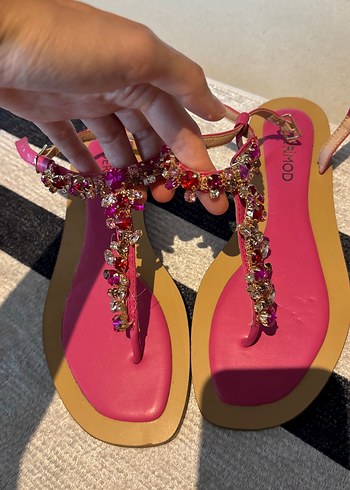 Derimod Pembe Payetli Dolgu Topuklu Kadın Sandalet
