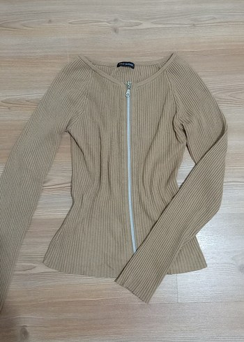 Polo Garage Bej y2k Fermuarlı İnce Triko Kadın hırka