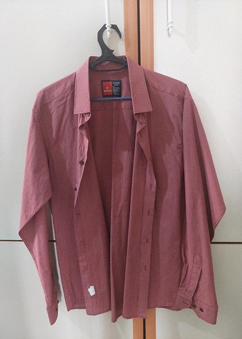 Bordo Erkek Keten Gömlek, Regular Fit, Düğmeli - Görsel 3