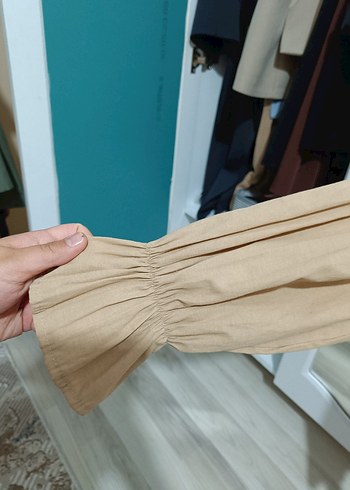 xl Beden camel Renk Bej Fırfırlı gömlek,V Yaka