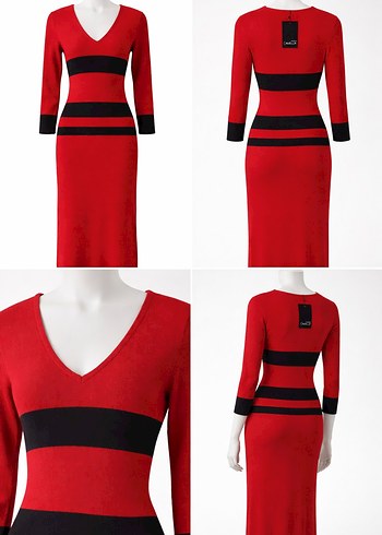 Kırmızı Çizgili Uzun Triko Elbise - Görsel 3