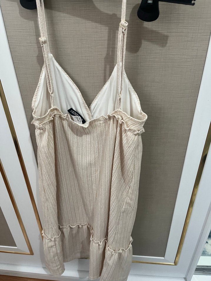 Bej V Yaka Askılı Rahat Midi Elbise - Görsel 2