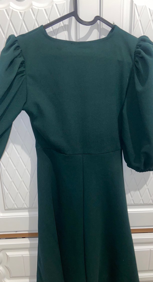 Yeşil V Yakalı Drapeli Uzun Elbise /Kısakollu elbise / elbise - Görsel 5