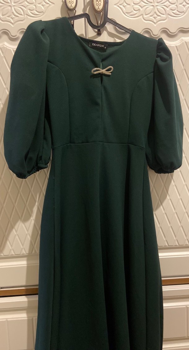 Yeşil V Yakalı Drapeli Uzun Elbise /Kısakollu elbise / elbise - Görsel 2