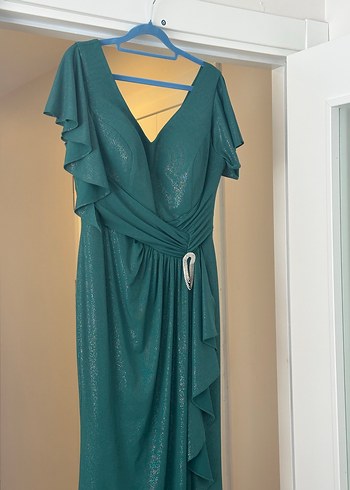 Parlak Yesil V Yaka Drapeli Uzun Abiye - Görsel 18