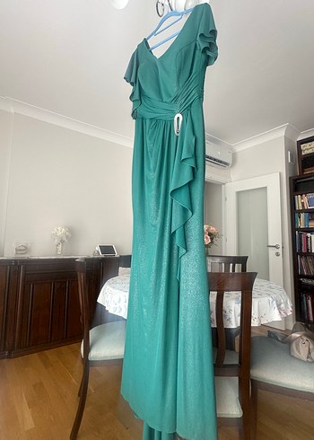 Parlak Yesil V Yaka Drapeli Uzun Abiye - Görsel 13