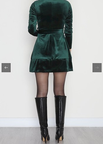 Kemerli Kadife Mini Elbise - Koyu Yeşil - Görsel 2