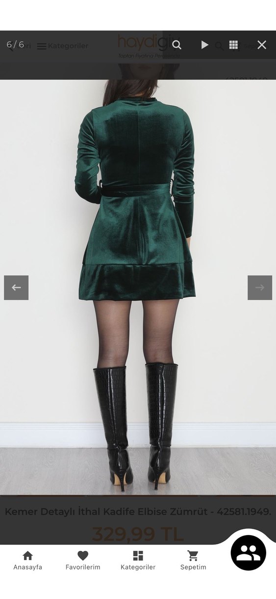 Kemerli Kadife Mini Elbise - Koyu Yeşil - Görsel 2