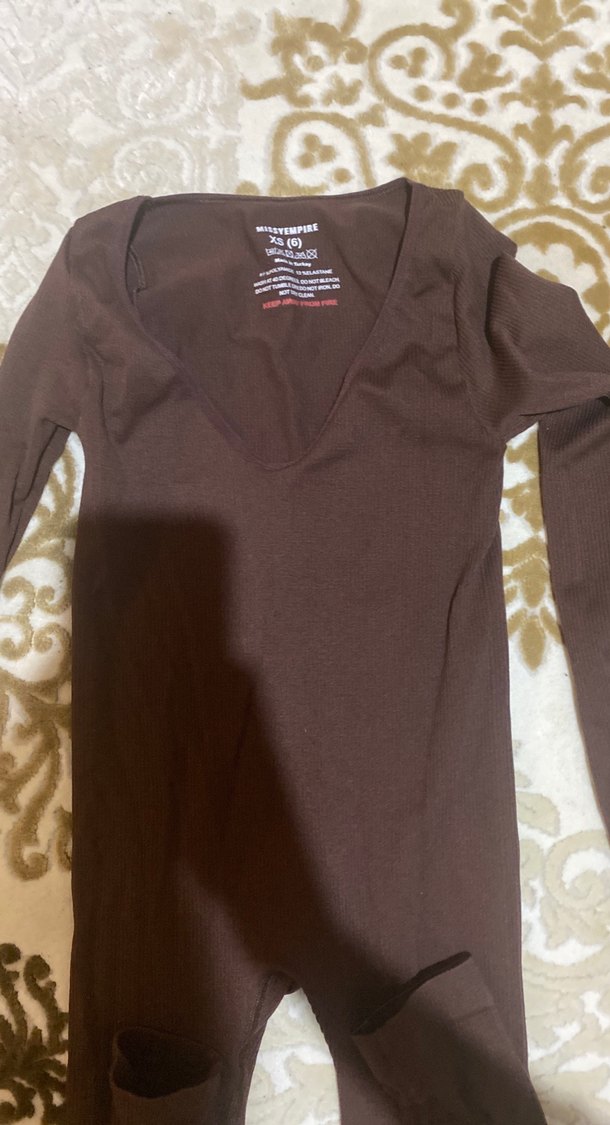 Kahverengi V Yaka Uzun Kollu Tulum - Görsel 2